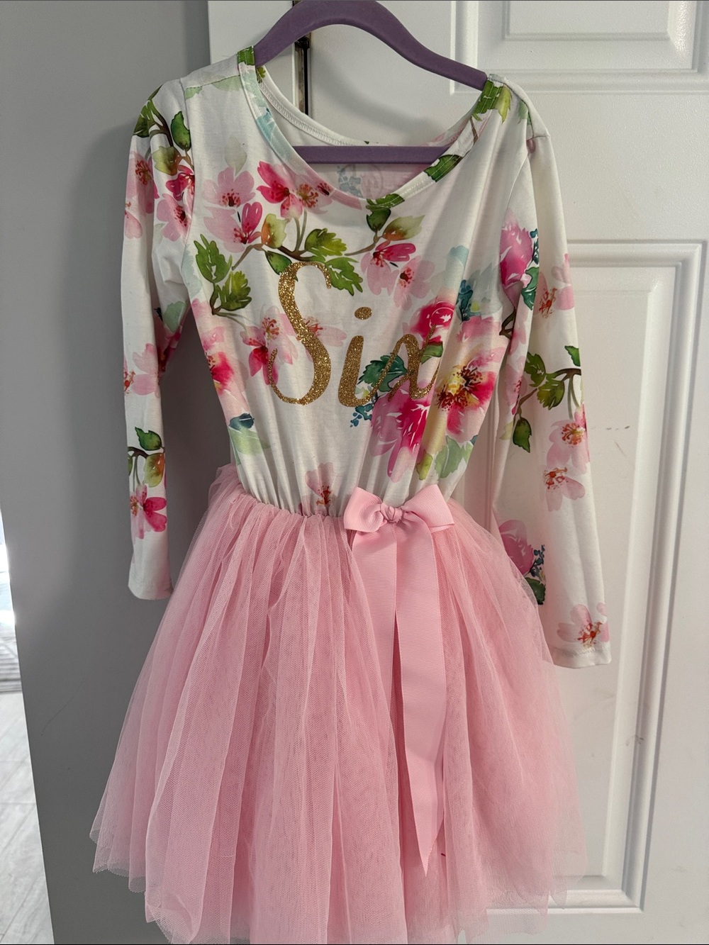 Girls Pink Floral Tulle Dress with Gold Script